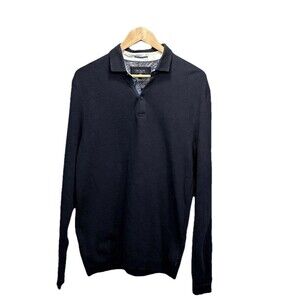 Ted Baker Terned Ribbed Polo Shirt Mens XL Navy Long Sleeve Cotton Size 5